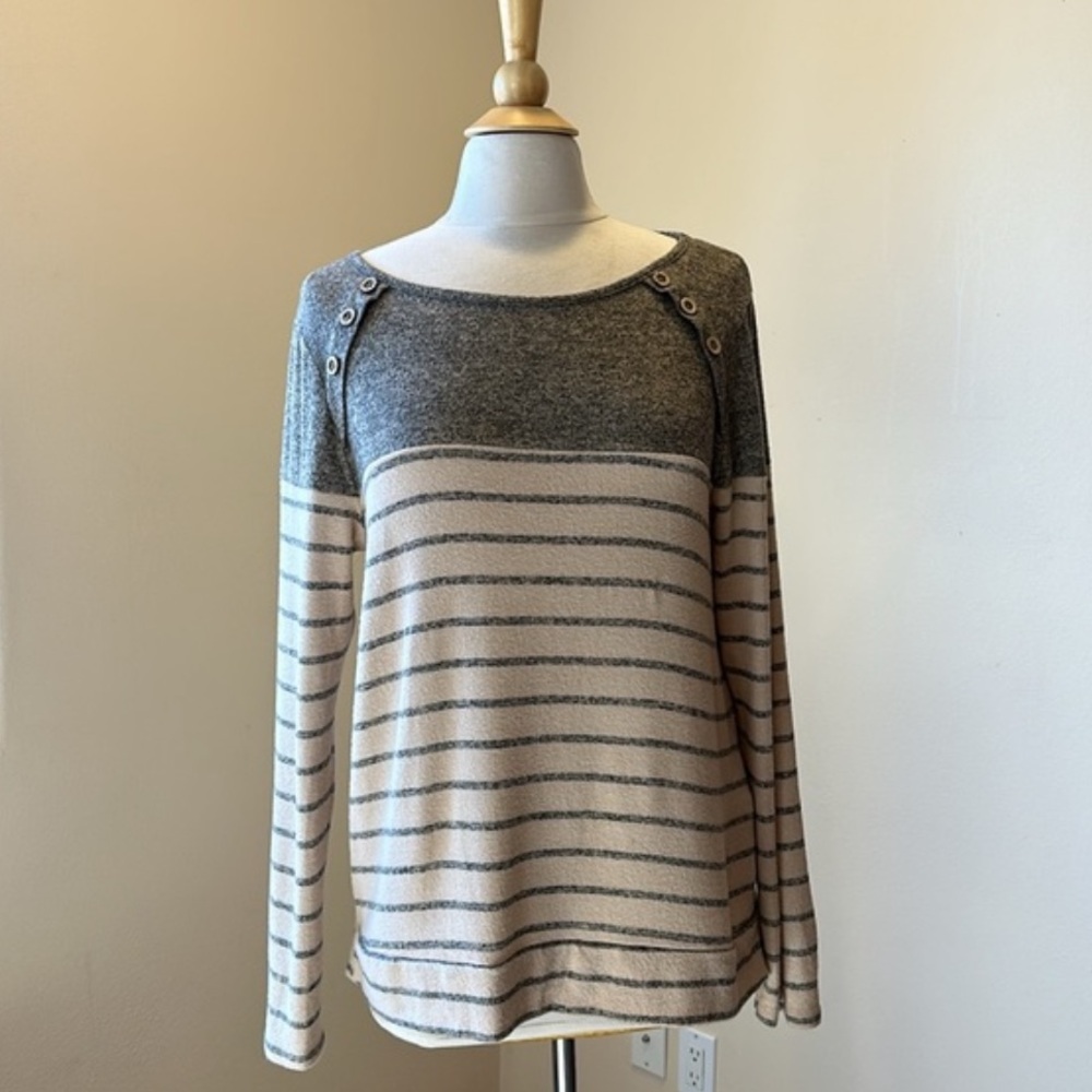 Pink Clover Luna Sweater Medium Tan Gray Striped Button Detail Soft Stretch Knit